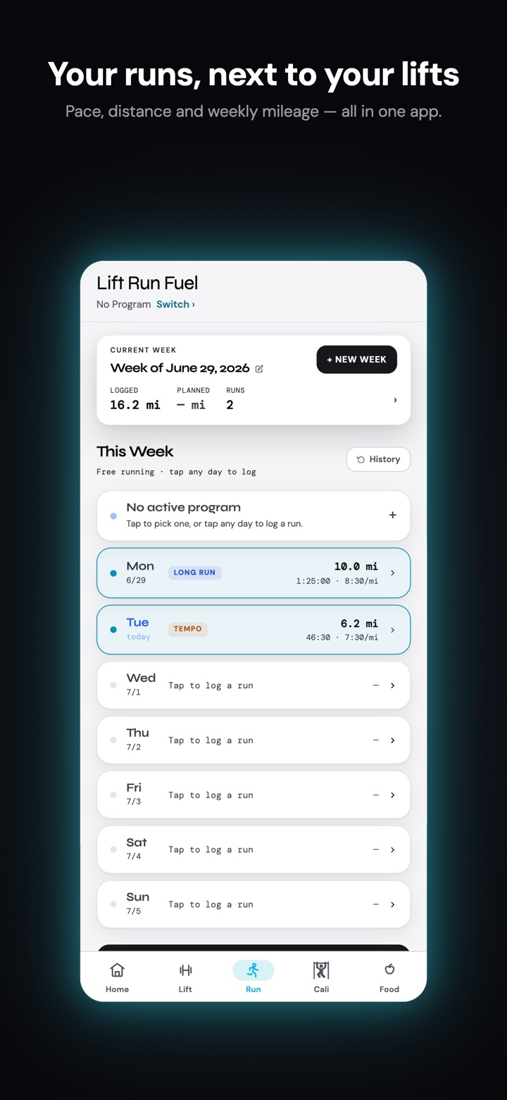 Run tab with GPS route map and weekly mileage stats