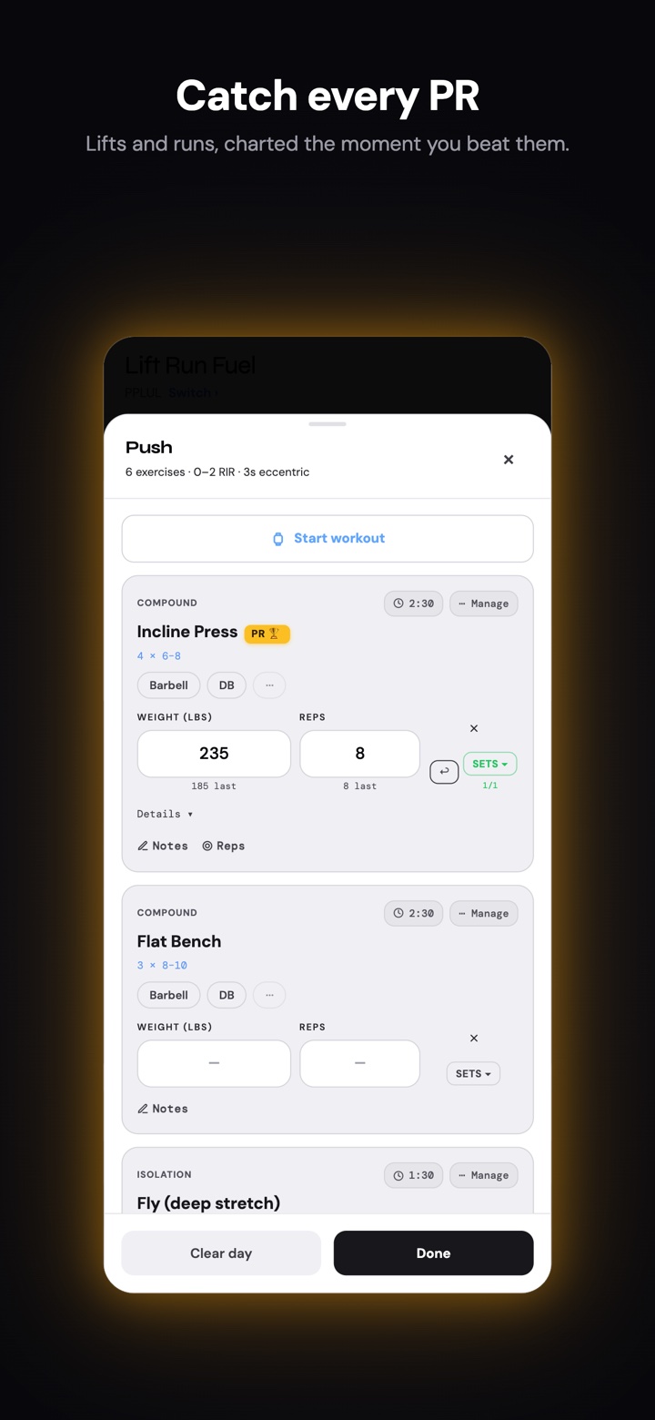 PR hub with personal records and gold badges
